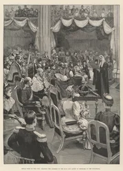 Koninklijk bezoek aan de stad, het voorlezen van het adres aan de koning en koningin van Denemarken in de Guildhall